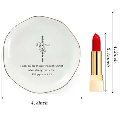 Christian Jewelry Dish with Bible Verse Ring Dish, Inspirational Scripture Ceramic Trinket Tray, Religious Gift for Women, Christian Gift for Friend - color: I Can Do All Things Through Christ Who Strengthens Me