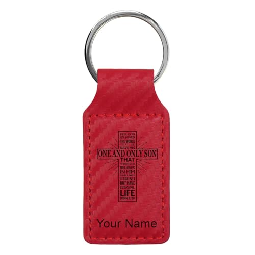 LaserGram Rectangle Keychain, Bible Verse John 3-16, Personalized Engraving Included - color: Carbon Fiber Red