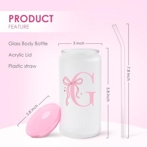 SANDJEST Monogrammed Glass Drinking Can Cup with Acrylic Lid and Straw, Personalized Frosted Iced Coffee Tumbler 16oz, Monogram Initial Gifts for Women Girls on Birthday (G) - color: G