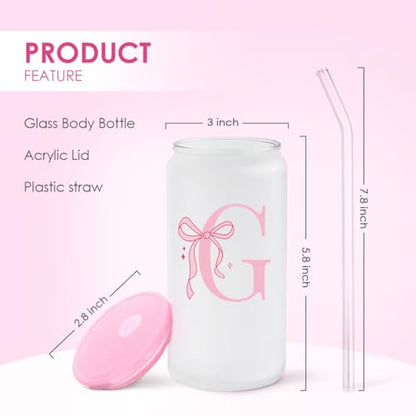 SANDJEST Monogrammed Glass Drinking Can Cup with Acrylic Lid and Straw, Personalized Frosted Iced Coffee Tumbler 16oz, Monogram Initial Gifts for Women Girls on Birthday (G) - color: G
