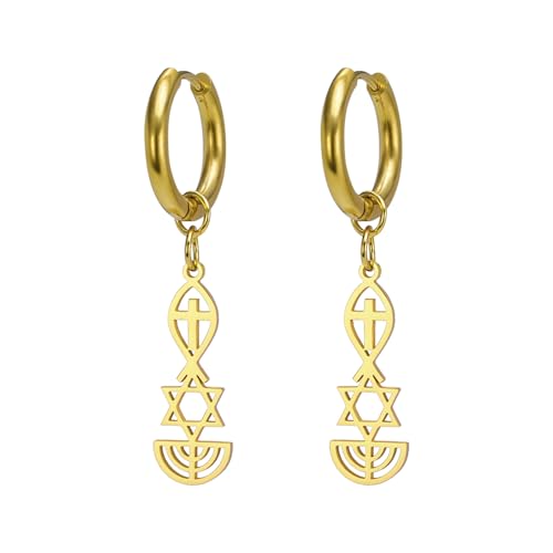 Messianic Seal Dangle Earrings Messianic Seal of Jerusalem Earrings Star of David,Ichthus with Cross,Menorah,Jewish Star Earrings Religious Hanukkah Jewelry Token of Prayer - color: gold2