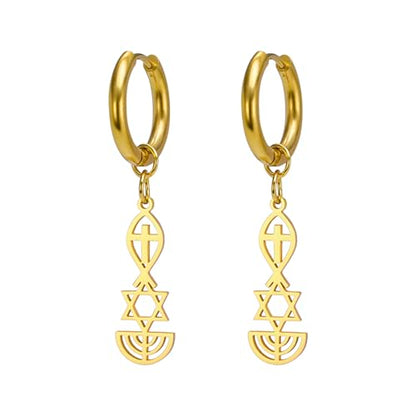 Messianic Seal Dangle Earrings Messianic Seal of Jerusalem Earrings Star of David,Ichthus with Cross,Menorah,Jewish Star Earrings Religious Hanukkah Jewelry Token of Prayer - color: gold2