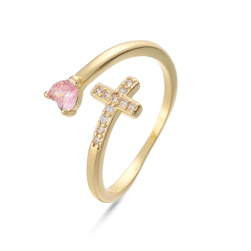 14K Gold Plated CZ Cross Heart Ring Eternity Promise Jewelry for Her - style: Pink Stone Heart Cross
