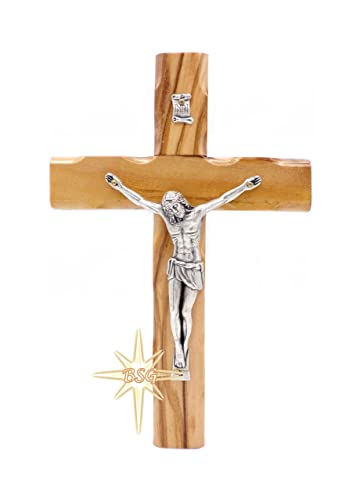 Dacaret Factory Wall Crucifix, Olive wood Cross, Wooden Catholic Cross for New Home, Religious Gift, Christmas Gifts, Holy Land Christian Spiritual Decor (5 Inches), Brown, Black with Grains - size: 4.6"L x 3.5"W