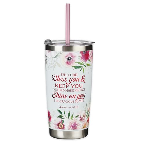 Christian Art Gifts Stainless Steel Double-Wall Vacuum Insulated Tumbler w/Straw & Lid 18 oz Pink Floral Inspirational Bible Verse Travel Mug for Women- Bless You and Keep You -Numbers 6:24-25 - color: Multicolor/Bless You