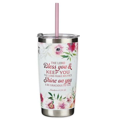 Christian Art Gifts Stainless Steel Double-Wall Vacuum Insulated Tumbler w/Straw & Lid 18 oz Pink Floral Inspirational Bible Verse Travel Mug for Women- Bless You and Keep You -Numbers 6:24-25 - color: Multicolor/Bless You