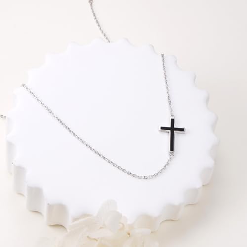 DAOCHONG S925 Sterling Silver Sideways Cross Choker Necklace 14+4 Inch - color: Silver-Black