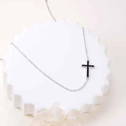 DAOCHONG S925 Sterling Silver Sideways Cross Choker Necklace 14+4 Inch - color: Silver-Black