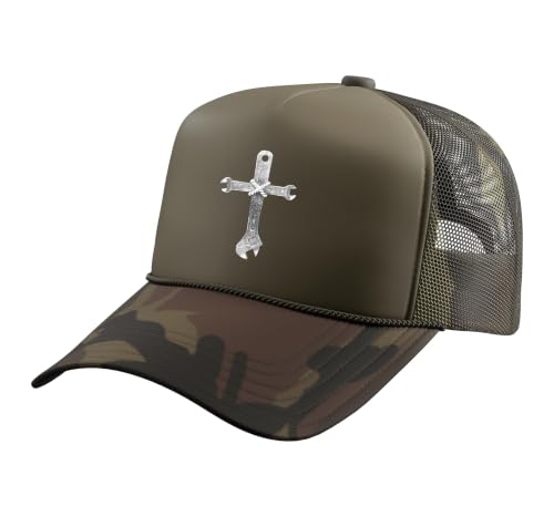Mechanic Cross of Wrenches Inspiring Christian Faith Trucker Hat with Adjustable Mesh Back - color: Camo Green