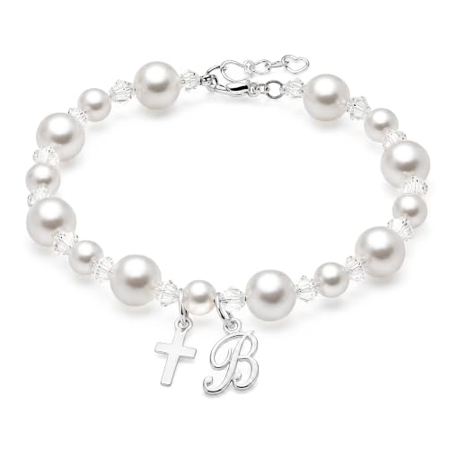 Baby Crystals Sterling Silver Cross Charm | White Pearl Baptism Bracelet - style: Sterling Silver Initial