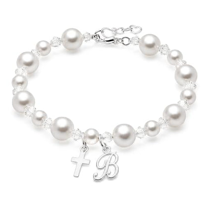 Baby Crystals Sterling Silver Cross Charm | White Pearl Baptism Bracelet - style: Sterling Silver Initial