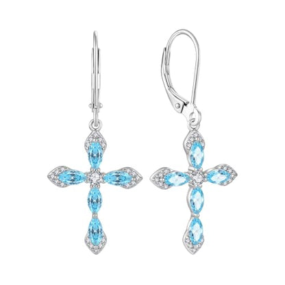 Birthstone Cross Earrings for Women 925 Sterling Silver - color: 03 March - Aquamarine