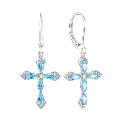 Birthstone Cross Earrings for Women 925 Sterling Silver - color: 03 March - Aquamarine