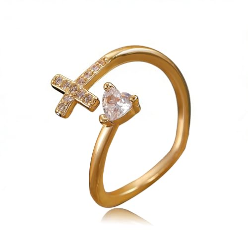Sora Tuki Gold Cross Rings for Women Silver Adjustable Rings for Women Cubic Zirconia Heart Cross Purity Ring Dainty Stackable Ring for Women Christian Religious Jewelry - color: Golden, style: CZ Cross Heart