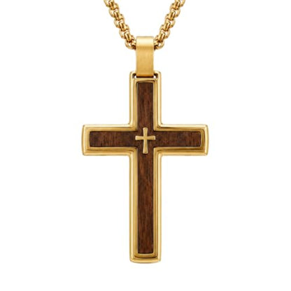 14K Gold Plated Wood Cross Necklace for Men Christian Pendant Jewelry - color: A02-Cross
