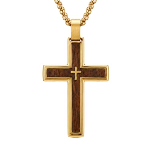 14K Gold Plated Wood Cross Necklace for Men Christian Pendant Jewelry - color: A02-Cross