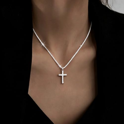 925 Sterling Silver Necklace for Women Layered Cross Paperclip Chain Necklaces Dainty Sparkle Pendant Jewelry Gifts - style: Single Cross