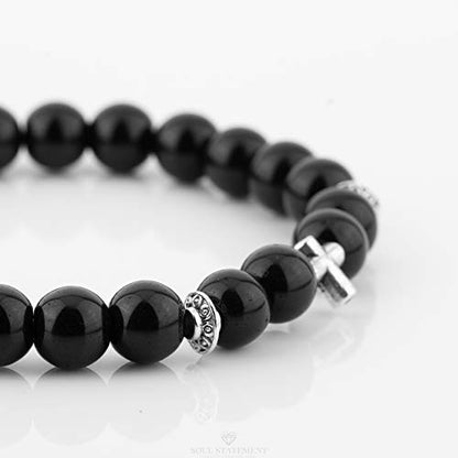 Wood Beaded Cross Bracelet for Men: Confirmation Gifts for Teens First Communion Religious Cross Statement - style: Onyx beads with cross