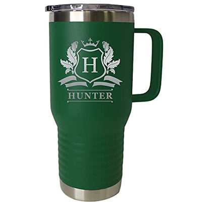 Custom Personalized 20 oz Stainless Steel Powder Coated Vacuum Insulated Double Walled Travel Tumbler Coffee Mug with Handle and Lid (Green) - color: Green