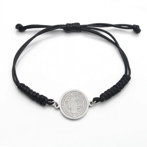 925 Sterling Silver San Benito Bracelet For Women And Men, Catholic Multicolor Bracelet St. Benedict Medal Hand Knitted Knot Coin Beaded Adjustable Religious Prayer Faith - color: Black Silver - San Benito Bracelet