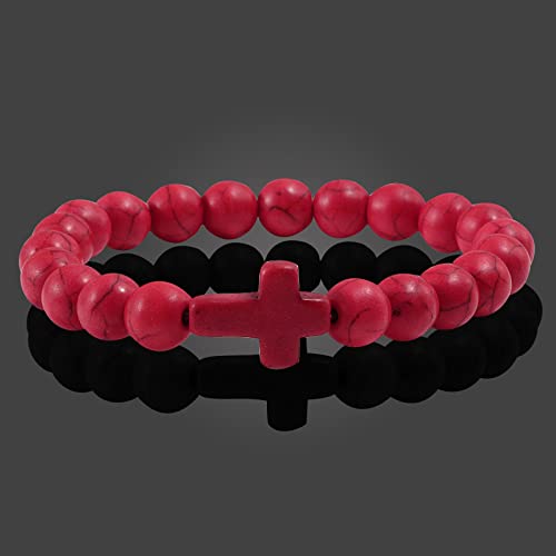 FORUBUS Lava Rock Stone Beaded Bracelet, Cross Charm Natural Volcanic Stone beads Turquoise Stretch Bracelet for Women Men Religion Jewelry Pray Baptism Gift - color: B 1pcs red