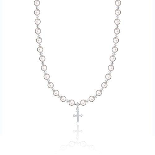 Christening Sterling Silver Child Necklace with Cross Charm and White European Simulated Pearls and Crystals (NCRSE)