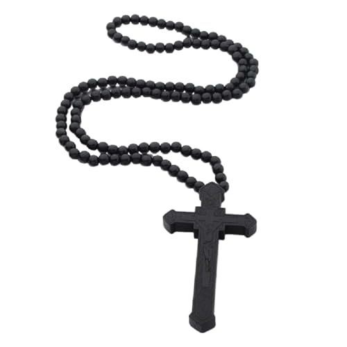 DATOA Religious Wooden Cross Large Big Jesus Crucifix Pendant Natural Wood Natural Rosary Colorful Beads Chain Necklace Christian Prayer Baptism Jewelry Easter Gift For Men Women - color: Black