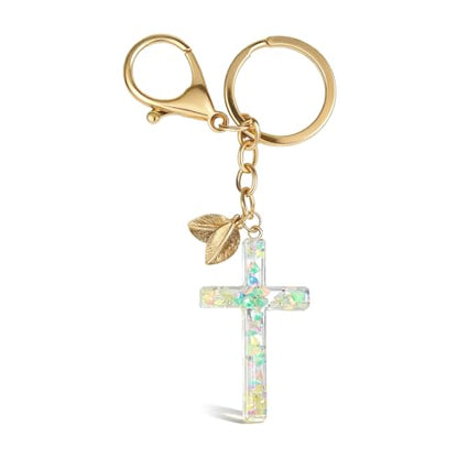Angyape Cute Christian Cross Keychain for Women Purse Bag Charms Car Key Rings Accessories Flower Design Jesus Faith Gifts - color: L：green