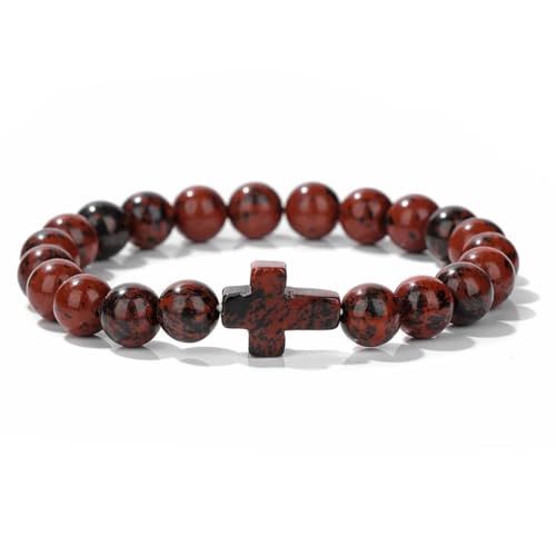 8mm Gemstone Cross Bracelet for Women Men – Stretch Beaded Faith Bracelet with Sideways Cross (Multiple Colors) - style: Mahogany Obsidian
