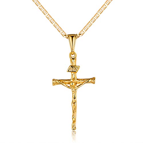 Barzel Cross Necklace for Women & Men 18K Gold Plated Flat Mariner/Marina 060 3MM Chain Necklace With Cross Pendant. - color: Gold Cross