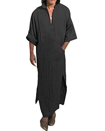 Jacansi Men's 65% Cotton 35% Linen Kaftan Thobe, Long Sleeve Casual Arabic Robe, Loose Long Gown with Pockets - color: 3# Black, size: Large