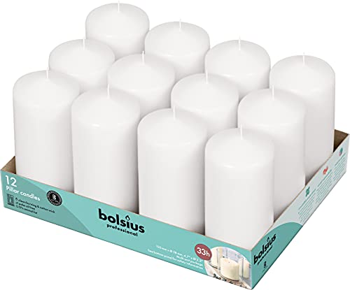 BOLSIUS 12 White Pillar Candles Bulk - 2.3 x 4.7 Inches Unscented Candle Set - 33 Hours Clean Burning - No Palm Oil - 0% Animal Fat - Premium European Quality - Party, & Special Occasion Candles - size: 2.3 x 4.7 Inches, style: 12 Count