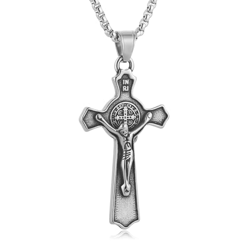 HZMAN Stainless Steel St. Benedict Crucifix Cross Necklace for Men - color: Small Matte silver