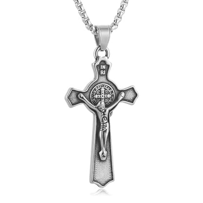 HZMAN Stainless Steel St. Benedict Crucifix Cross Necklace for Men - color: Small Matte silver