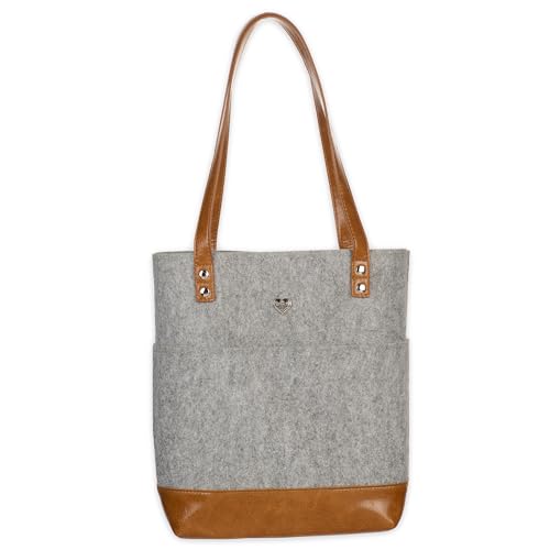 Christian Art Gifts Felt and Faux Leather Bible Tote for Women: With Metal Heart Badge, Pockets and Magnetic Button Closure, Toffee Brown and Gray, One Size Carry Bag for Books, Supplies and Shopping - color: Toffee Gray/Heart