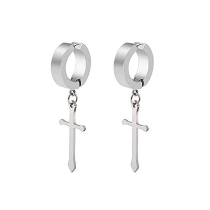 Non-pierced Earrings Set for Men Women Cross Titanium Steel Hoop Dangle Clip On Earring - style: Silver