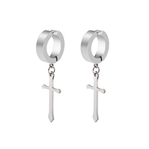 Non-pierced Earrings Set for Men Women Cross Titanium Steel Hoop Dangle Clip On Earring - style: Silver