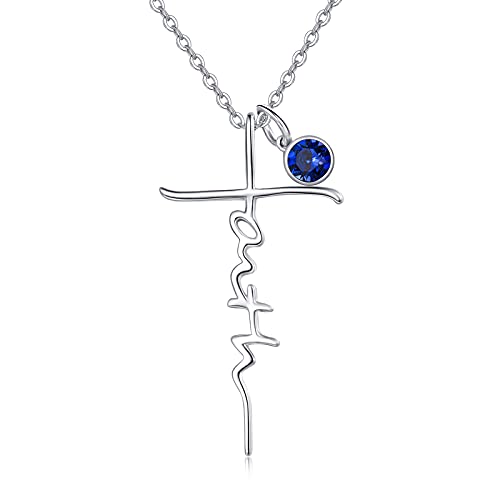 PRAYMOS Faith Cross Necklace for Women 925 Sterling Silver Pendant Necklace With Birthstone Initial Christian Religious Confirmation Baptism Mothers Day Gifts - color: 2-Silver September(Sapphire)
