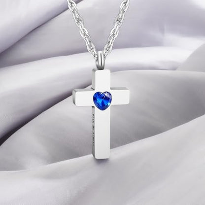 Cremation Cross Necklace for Ashes Stainless Steel Cross Urn Pendant Ashes Holder Memorial Jewelry-With Me Always - style: Blue Heart-engraving