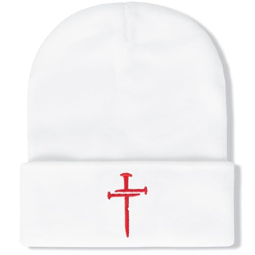 Christian Jesus Cross Beanie - Faith Winter Beanie Hats for Men Women - Religious Gifts for Christmas & New Years - color: Three Nails Cross/White