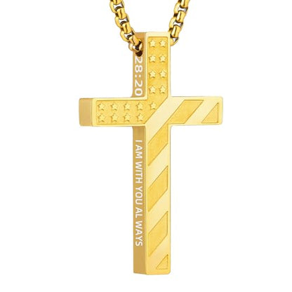 Cross Necklace for Men Black Gold Silver American Flag Pendant Chain Bible Verse Stainless Steel Necklaces Mens Stocking Stuffers for Christmas Christian Gifts - color: gold, style: 28:20-