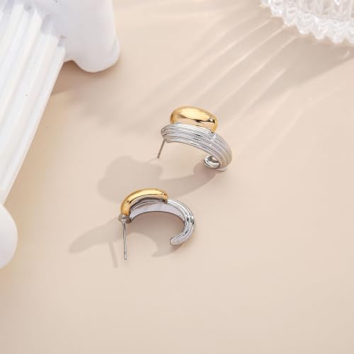 Two Tone Gold Silver Hoop Earrings Mixed Metal Open C Hoop Earrings - color: Chunky Ribbed