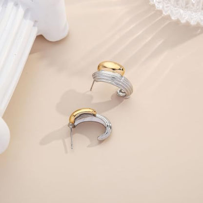 Two Tone Gold Silver Hoop Earrings Mixed Metal Open C Hoop Earrings - color: Chunky Ribbed