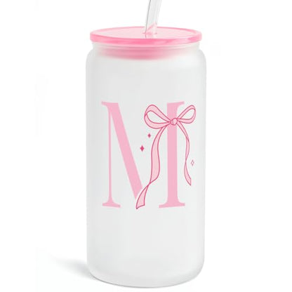 SANDJEST Monogrammed Glass Drinking Can Cup with Acrylic Lid and Straw, Personalized Frosted Iced Coffee Tumbler 16oz, Monogram Initial Gifts for Women Girls on Birthday (M) - color: M