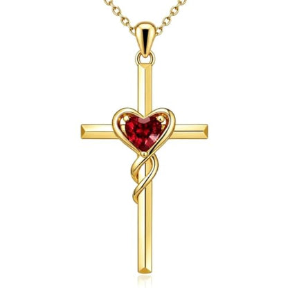 Birthstone Cross Necklace for Women 14K Gold Plated Heart Infinity Cross Pendant Necklace Christian Religious Jewelry Anniversary Birthday Gifts for Wife Mom Her - color: July/Ruby