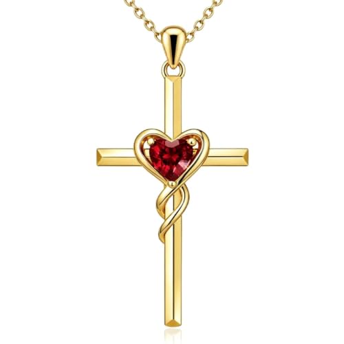 Birthstone Cross Necklace for Women 14K Gold Plated Heart Infinity Cross Pendant Necklace Christian Religious Jewelry Anniversary Birthday Gifts for Wife Mom Her - color: July/Ruby