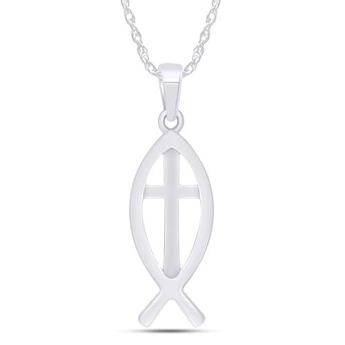 Christian Fish Cross Pendant Necklace for Women Religious Faith Jewelry - color: white-gold-plated-silver