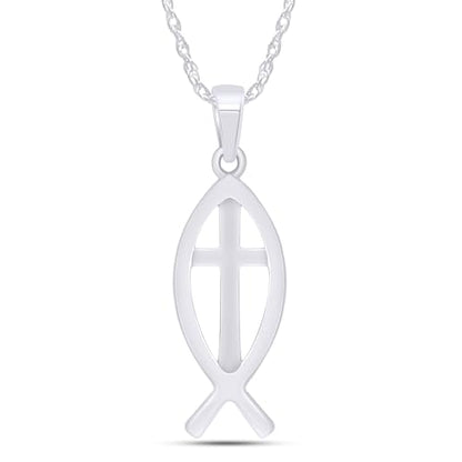 Christian Fish Cross Pendant Necklace for Women Religious Faith Jewelry - color: white-gold-plated-silver