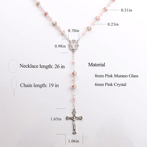 Murano Glass Rose Beads Catholic Virgin Mary Rosary Necklace Women - color: Pink