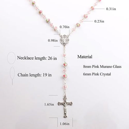 Murano Glass Rose Beads Catholic Virgin Mary Rosary Necklace Women - color: Pink